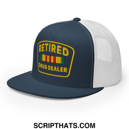 Navy blue and white mesh trucker hat with yellow embroidered retired drug dealer patch and colorful stripes flat bill brim