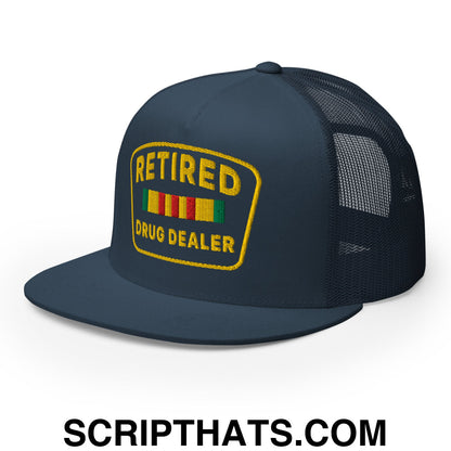 Retired Drug Dealer Embroidered Flat Bill Brim Mesh Trucker Hat Navy