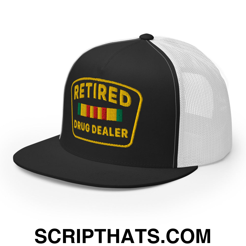 Retired Drug Dealer Embroidered Flat Bill Brim Mesh Trucker Hat Black White