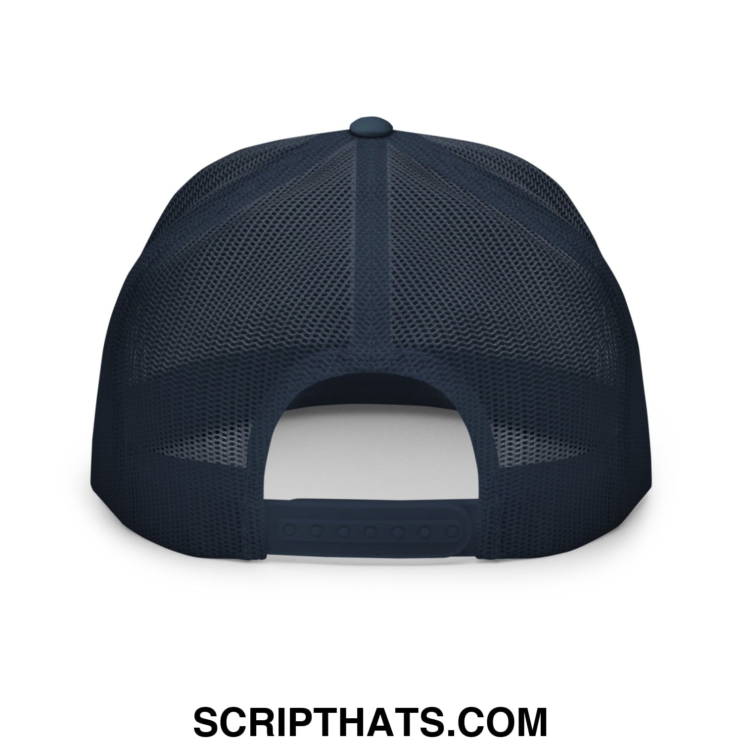 Dark navy blue retired drug dealer embroidered mesh trucker hat with adjustable strap shown from the back side
