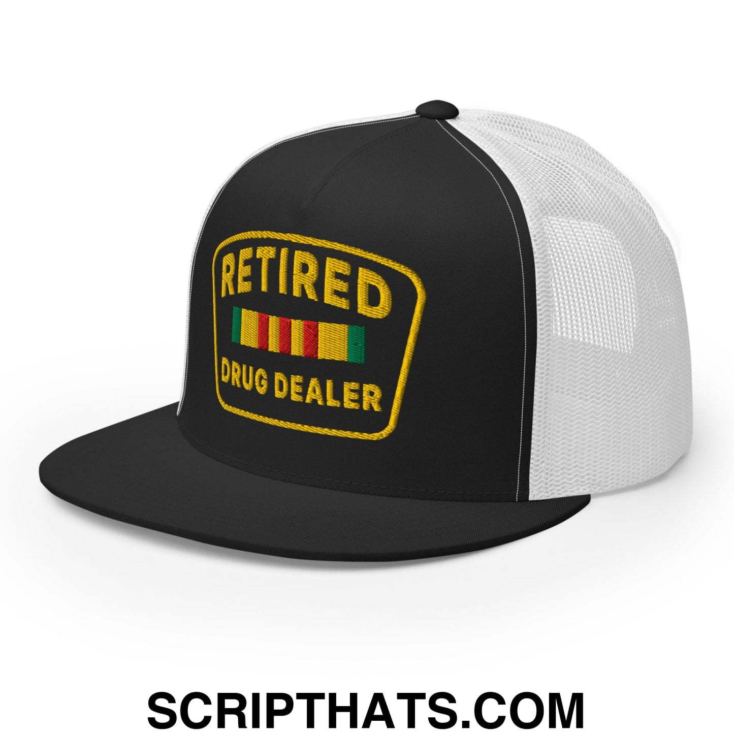 Retired Drug Dealer Embroidered Flat Bill Brim Mesh Trucker Hat Black White