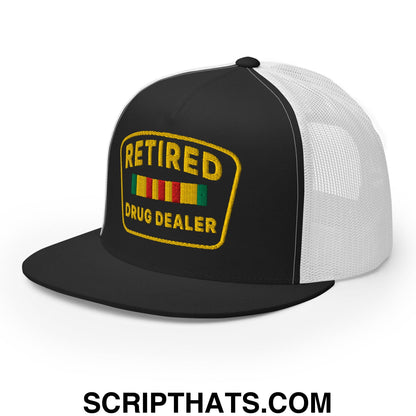 Retired Drug Dealer Embroidered Flat Bill Brim Mesh Trucker Hat Black White