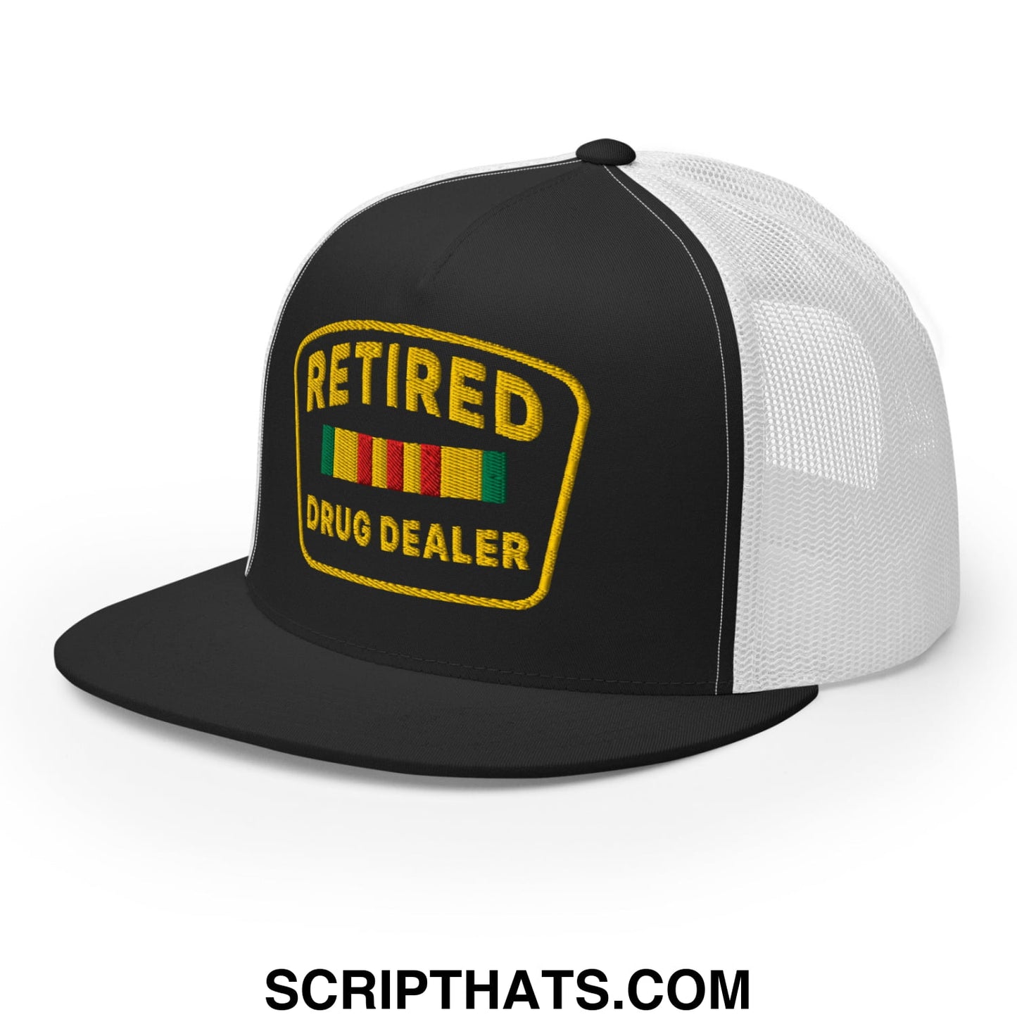 Black and white mesh trucker hat with yellow embroidered retirement drug dealer patch and colorful stripes flat bill brim