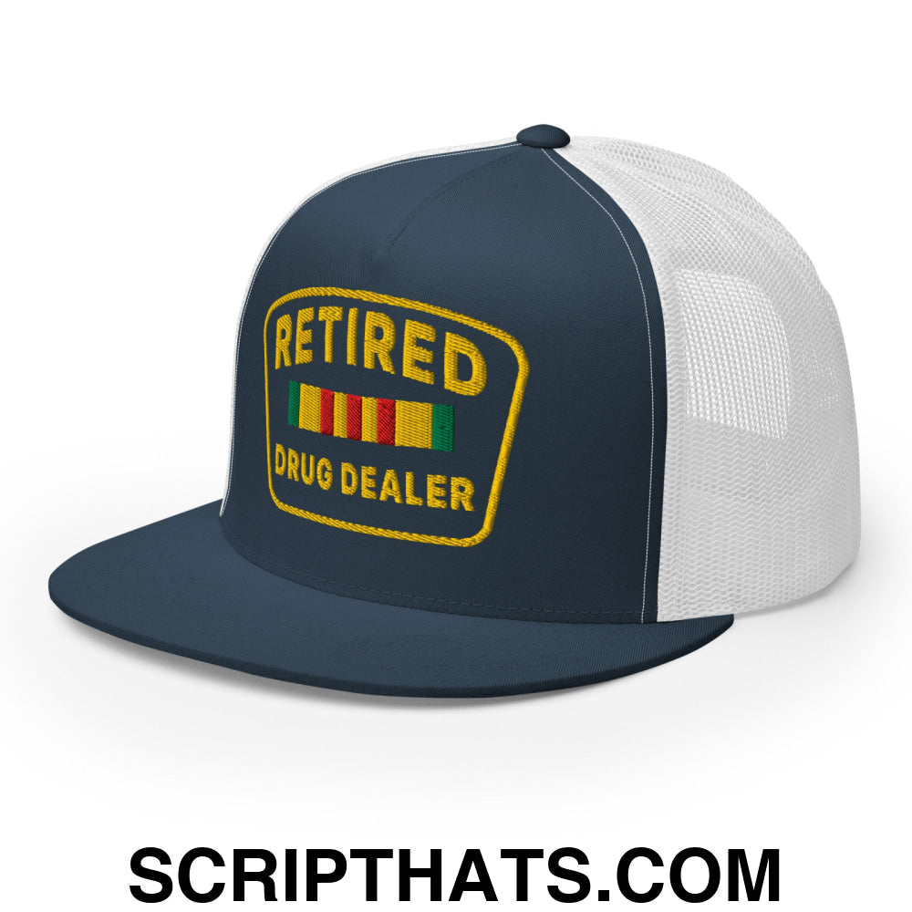 Retired Drug Dealer Embroidered Flat Bill Brim Mesh Trucker Hat Navy White
