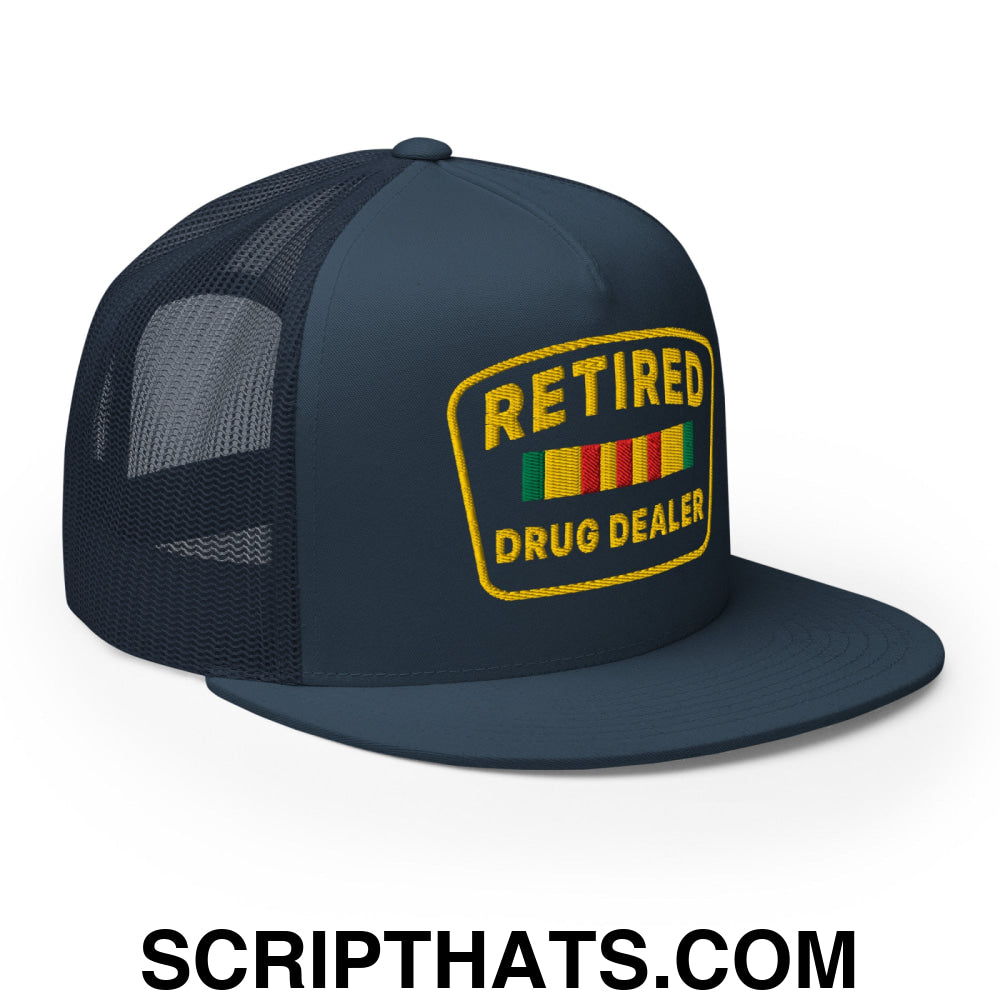 Retired Drug Dealer Embroidered Flat Bill Brim Mesh Trucker Hat Navy