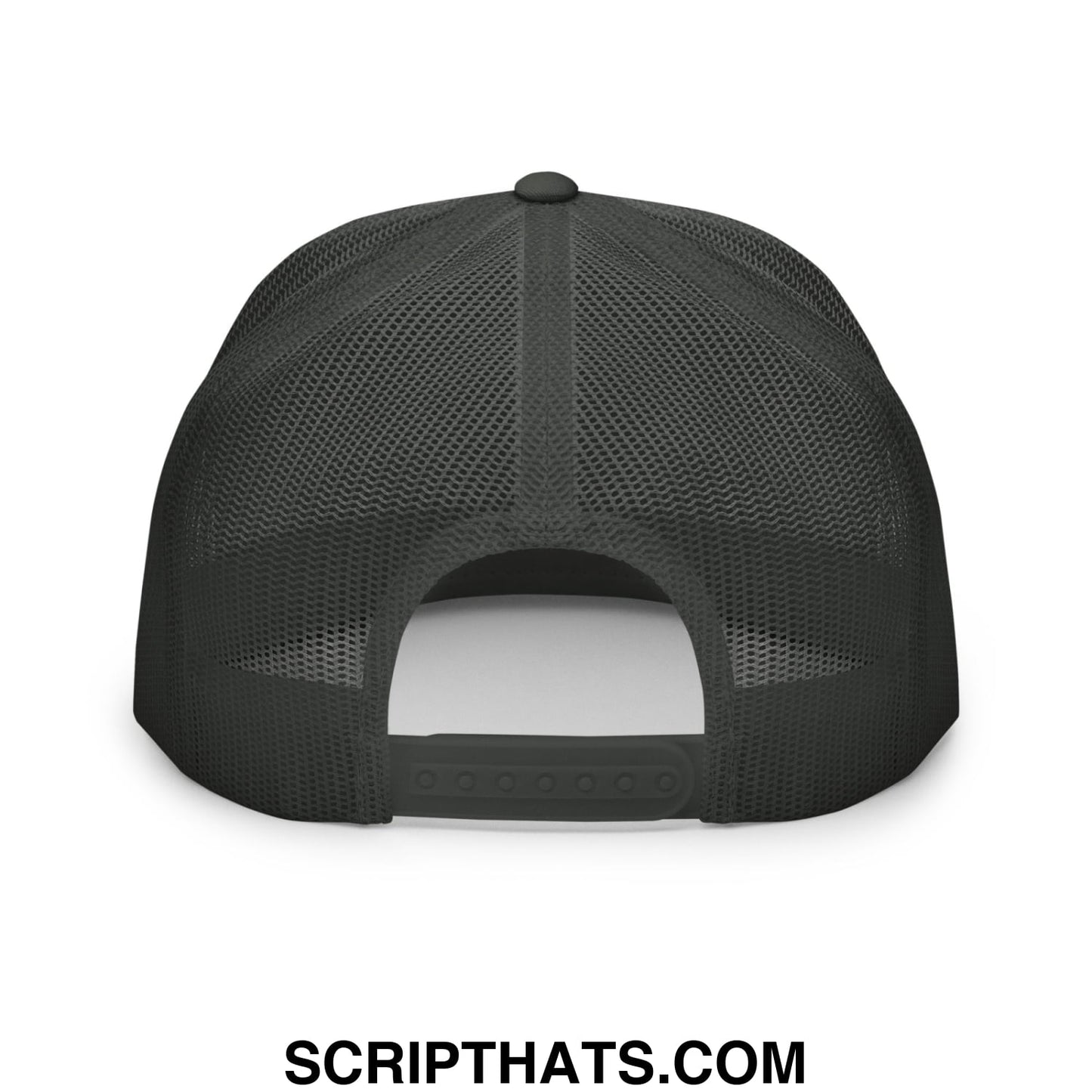 Black mesh trucker hat with solid back panel and adjustable strap embroidered with retired drug dealer text
