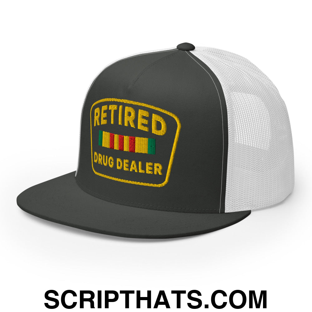 Retired Drug Dealer Embroidered Flat Bill Brim Mesh Trucker Hat Charcoal White