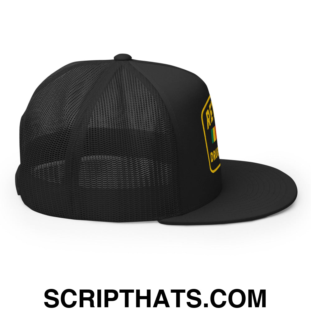 Retired Drug Dealer Embroidered Flat Bill Brim Mesh Trucker Hat Black