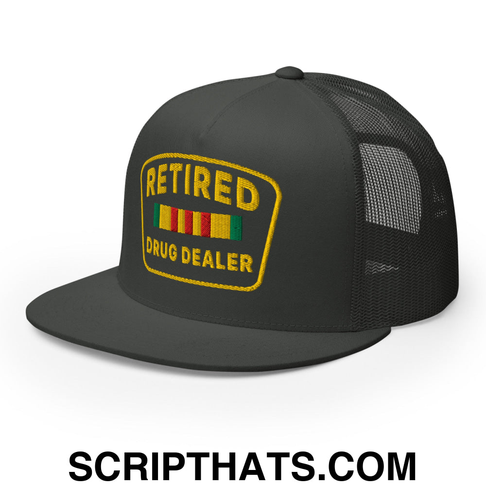 Retired Drug Dealer Embroidered Flat Bill Brim Mesh Trucker Hat Charcoal