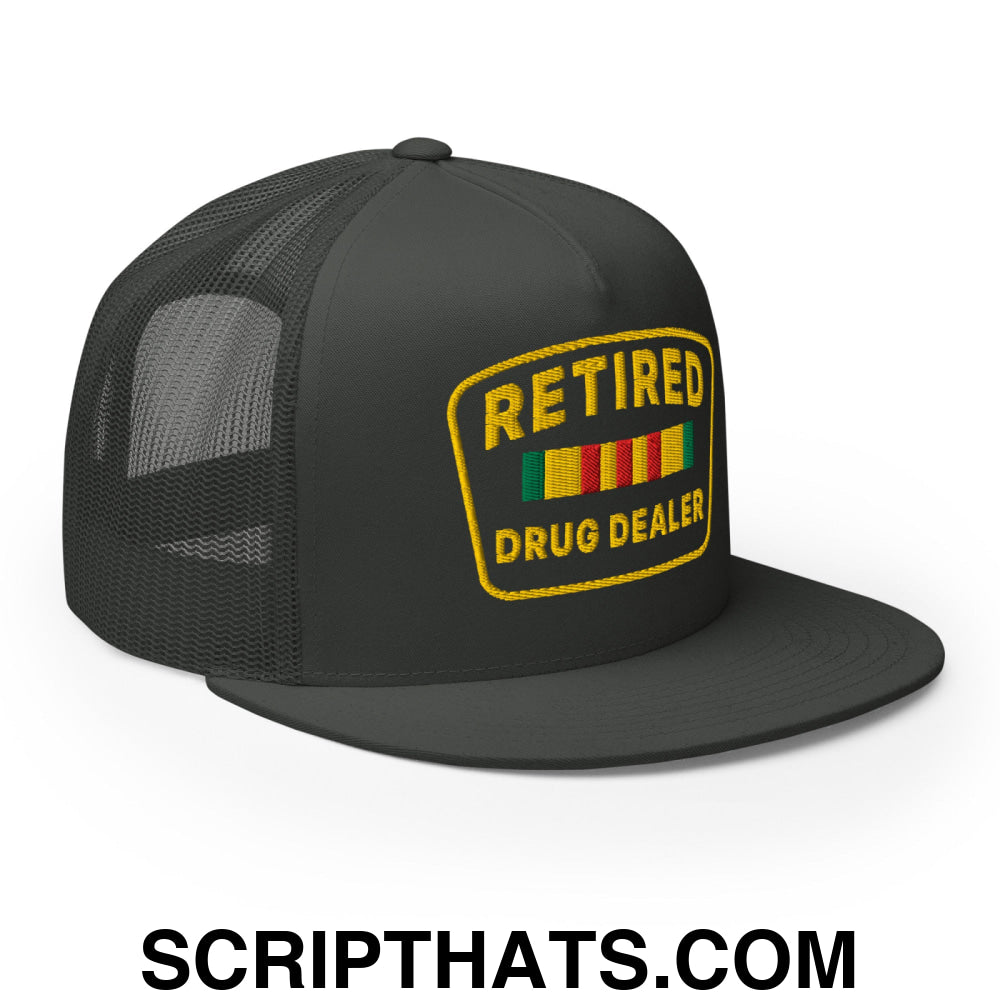Retired Drug Dealer Embroidered Flat Bill Brim Mesh Trucker Hat Charcoal