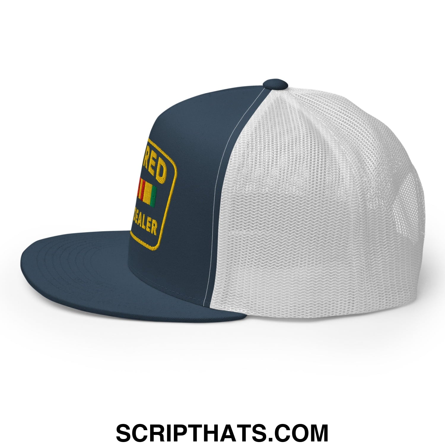 Navy blue and white mesh trucker hat with yellow embroidered red patch over rastafarian flag sealer text