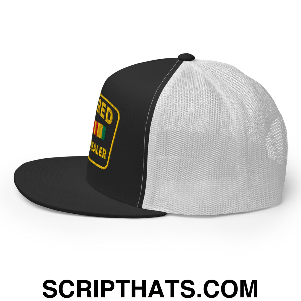 Retired Drug Dealer Embroidered Flat Bill Brim Mesh Trucker Hat Black White