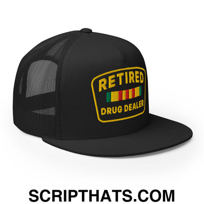 Retired Drug Dealer Embroidered Flat Bill Brim Mesh Trucker Hat Black