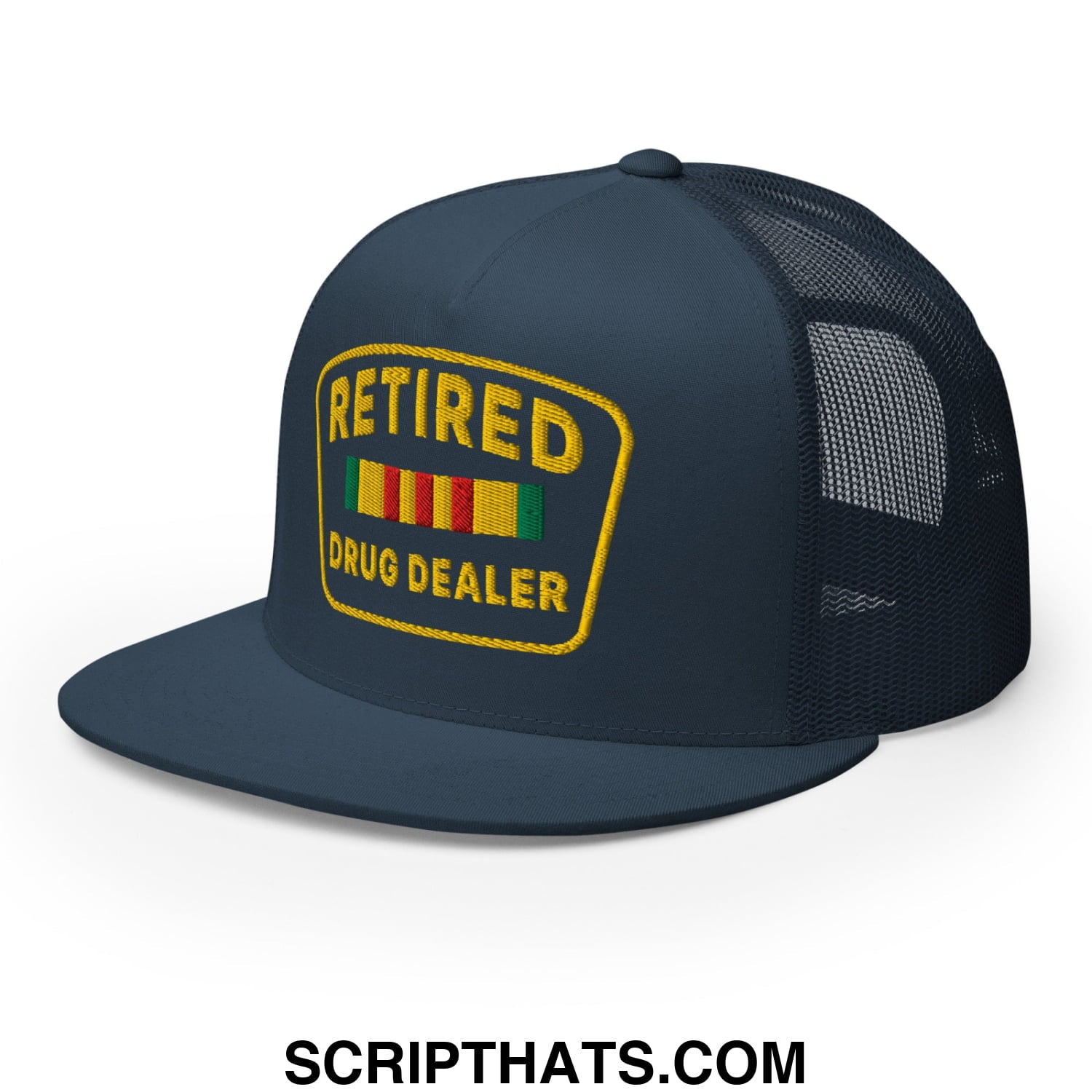 Dark navy blue mesh trucker hat with yellow embroidered retired drug dealer patch and colorful striped ribbons