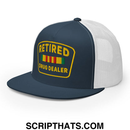 Retired Drug Dealer Embroidered Flat Bill Brim Mesh Trucker Hat Navy White