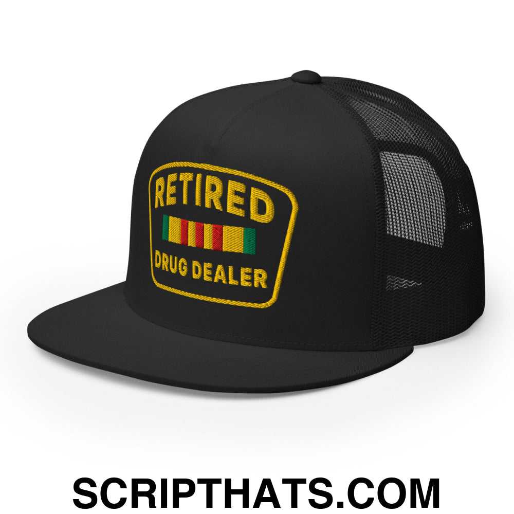 Retired Drug Dealer Embroidered Flat Bill Brim Mesh Trucker Hat Black