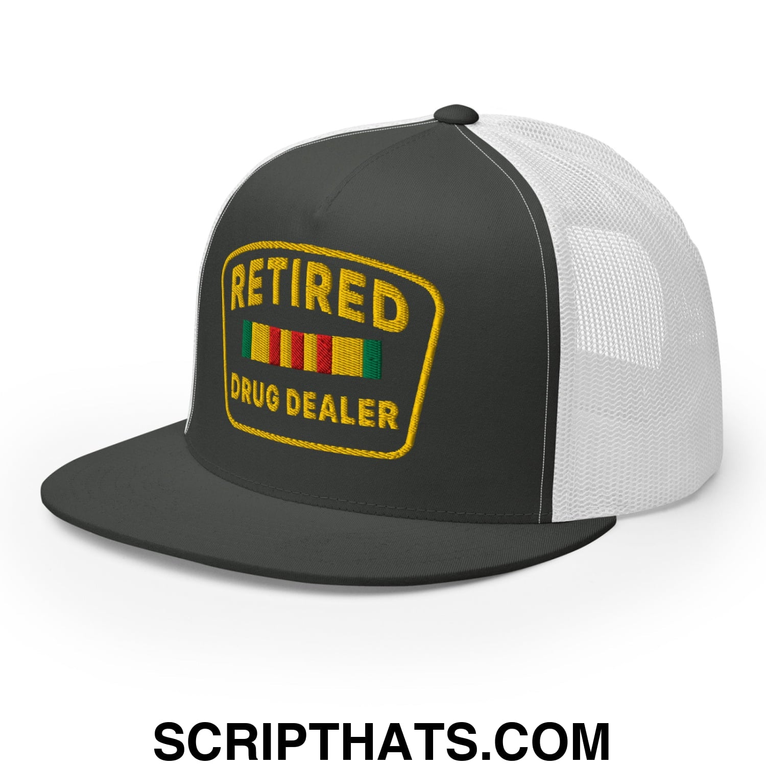Retired Drug Dealer Embroidered Flat Bill Brim Mesh Trucker Hat Charcoal White