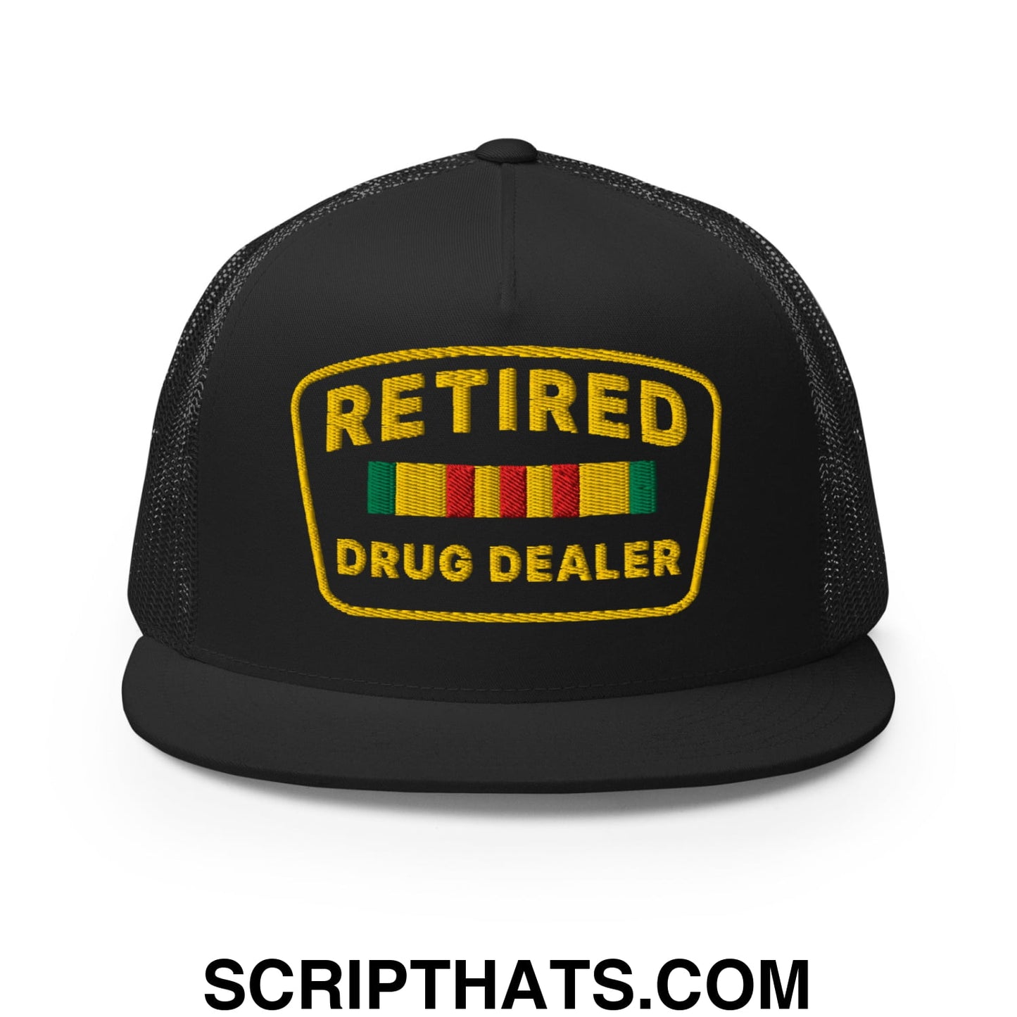 Retired Drug Dealer Embroidered Flat Bill Brim Mesh Trucker Hat Black