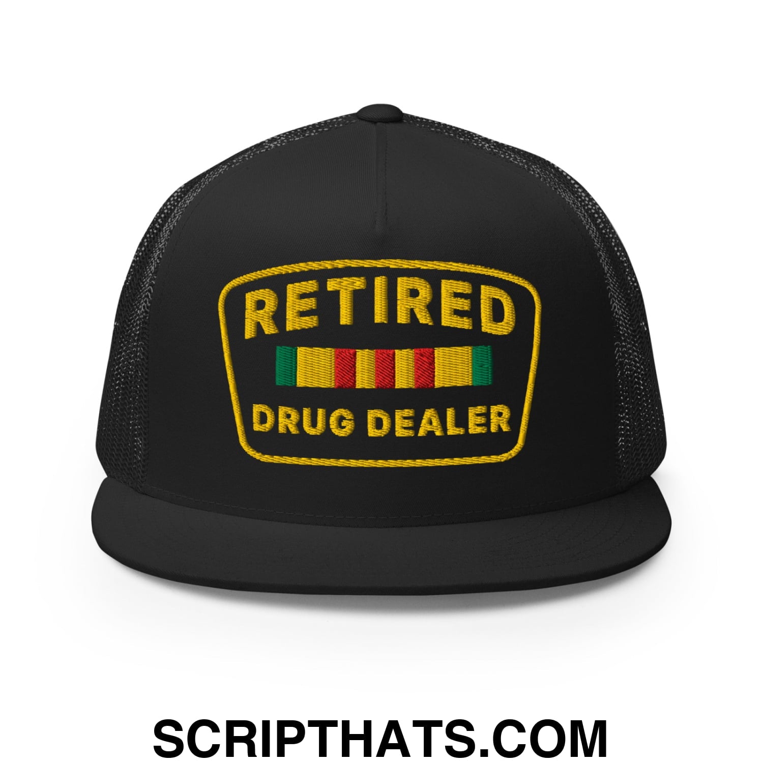 Retired Drug Dealer Embroidered Flat Bill Brim Mesh Trucker Hat Black