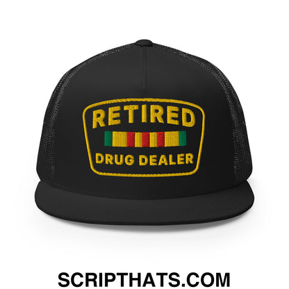 Retired Drug Dealer Embroidered Flat Bill Brim Mesh Trucker Hat Black