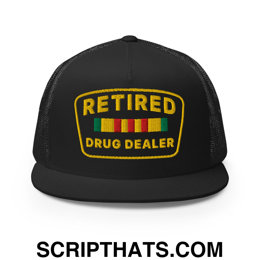 Retired Drug Dealer Embroidered Flat Bill Brim Mesh Trucker Hat Black