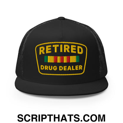 Retired Drug Dealer Embroidered Flat Bill Brim Mesh Trucker Hat Black