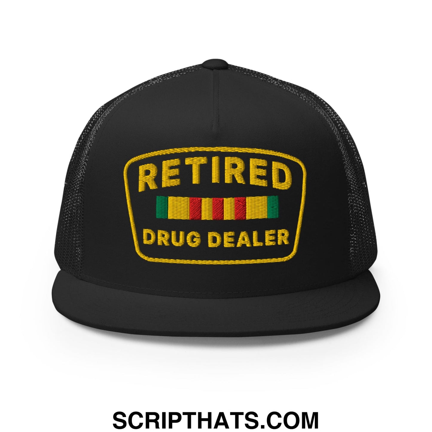 Black mesh trucker hat with flat bill featuring a yellow embroidered retired drug dealer patch and colorful stripes
