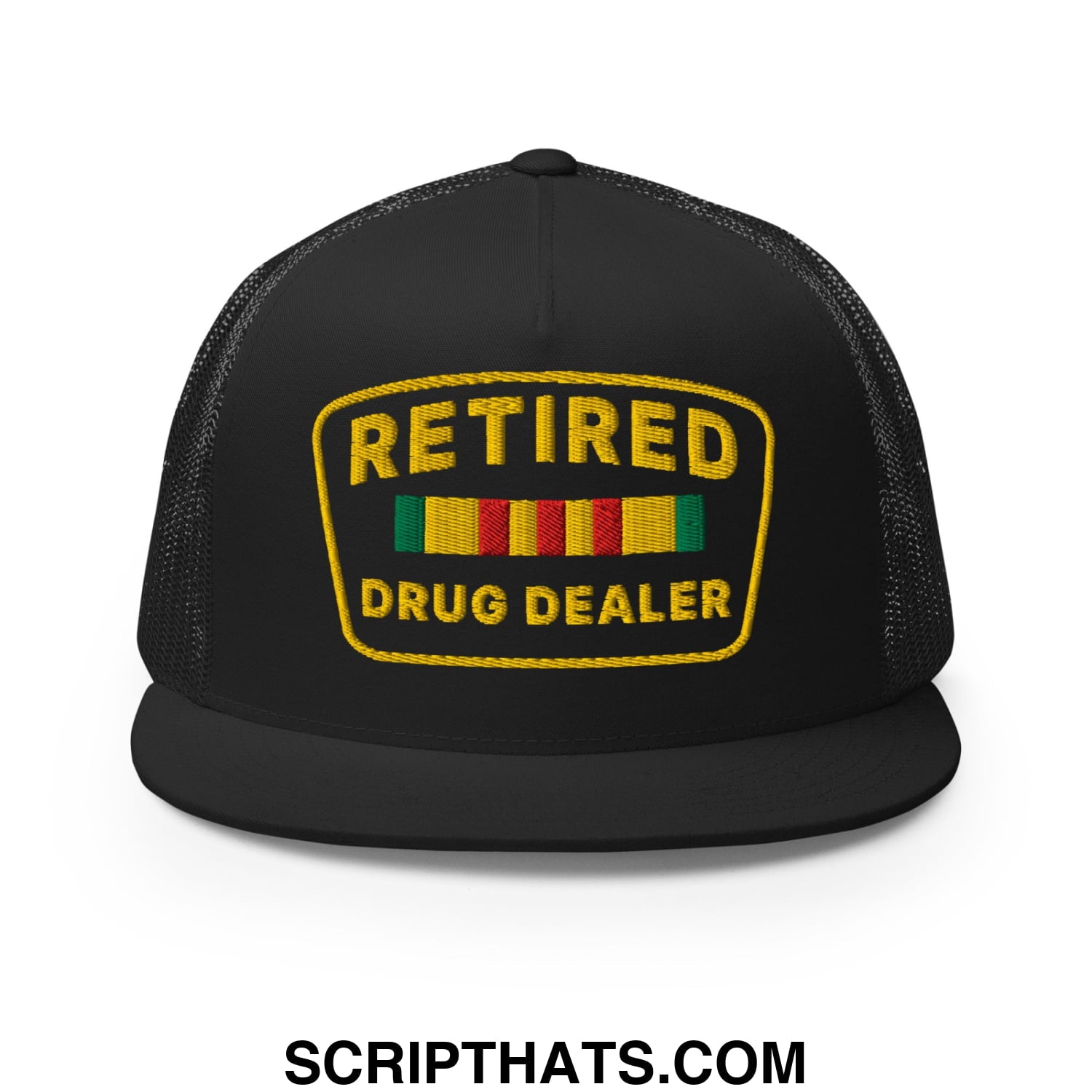 Black mesh trucker hat with flat bill featuring a yellow embroidered retired drug dealer patch and colorful stripes