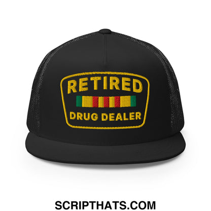 Black mesh trucker hat with flat bill featuring a yellow embroidered retired drug dealer patch and colorful stripes