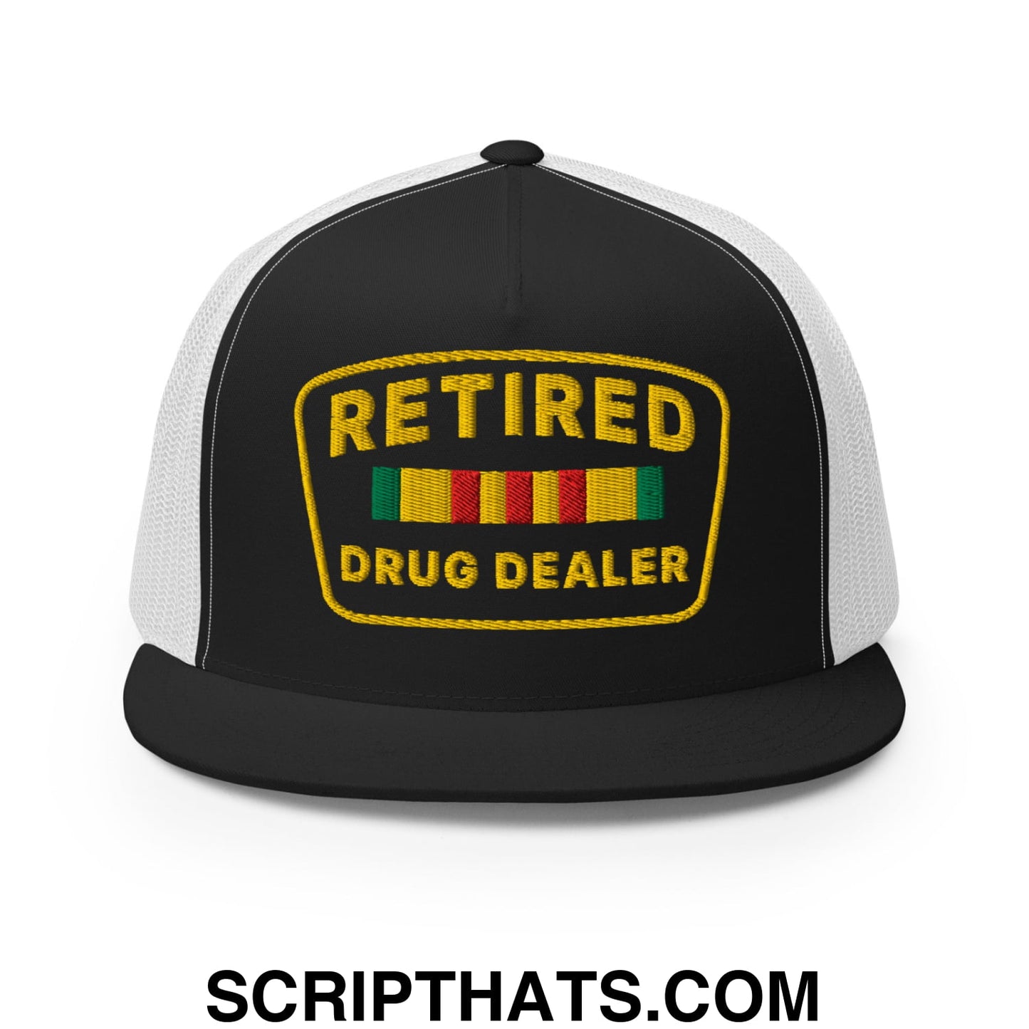 Retired Drug Dealer Embroidered Flat Bill Brim Mesh Trucker Hat Black White