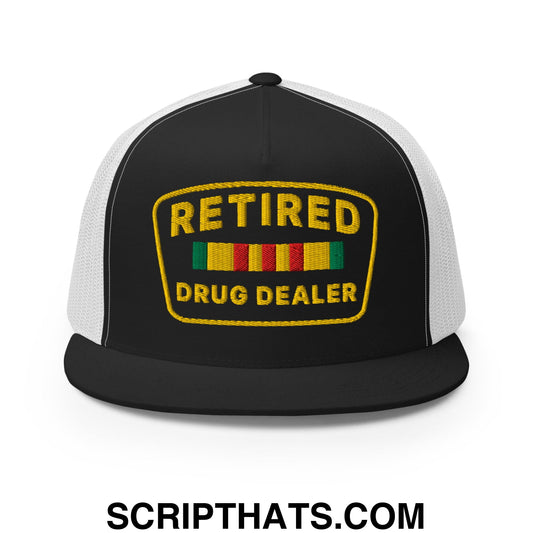 Retired Drug Dealer Embroidered Flat Bill Brim Mesh Trucker Hat Black White