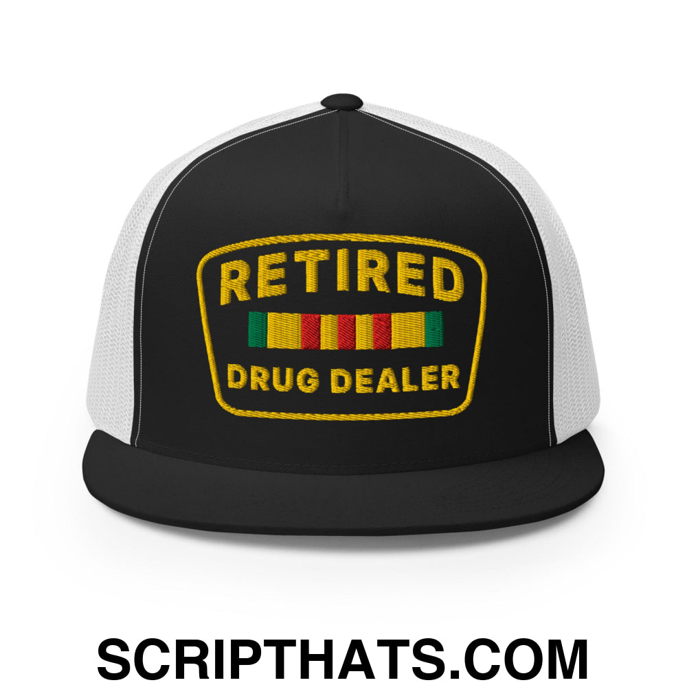 Retired Drug Dealer Embroidered Flat Bill Brim Mesh Trucker Hat Black White