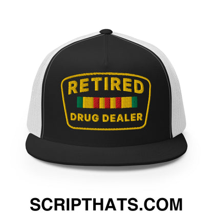 Retired Drug Dealer Embroidered Flat Bill Brim Mesh Trucker Hat Black White