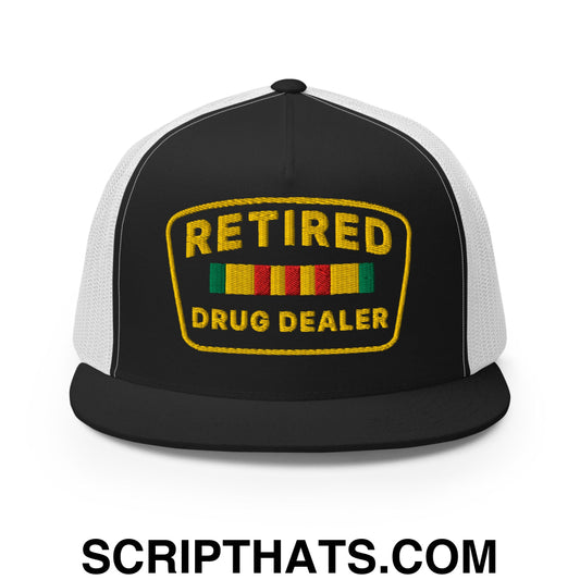 Retired Drug Dealer Embroidered Flat Bill Brim Mesh Trucker Hat Black White