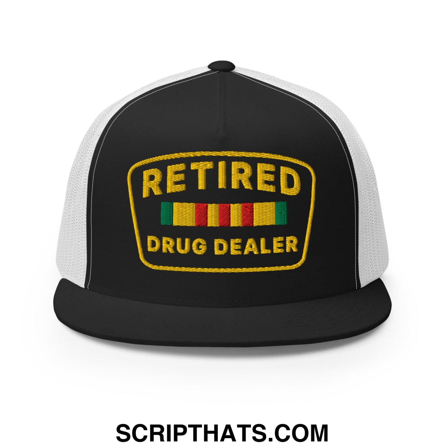 Black and white mesh trucker hat with yellow embroidered retired drug dealer patch and colorful ribbons on front