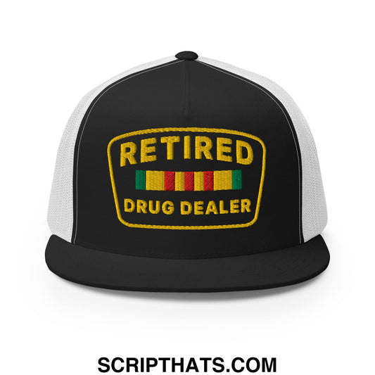 Retired Drug Dealer Embroidered Flat Bill Brim Mesh Trucker Hat Black White