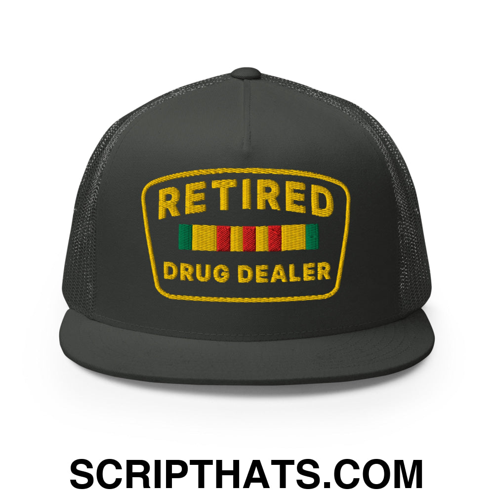 Retired Drug Dealer Embroidered Flat Bill Brim Mesh Trucker Hat Charcoal