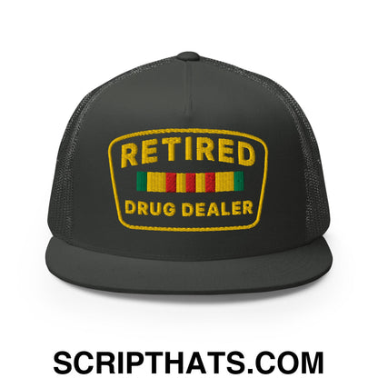 Retired Drug Dealer Embroidered Flat Bill Brim Mesh Trucker Hat Charcoal