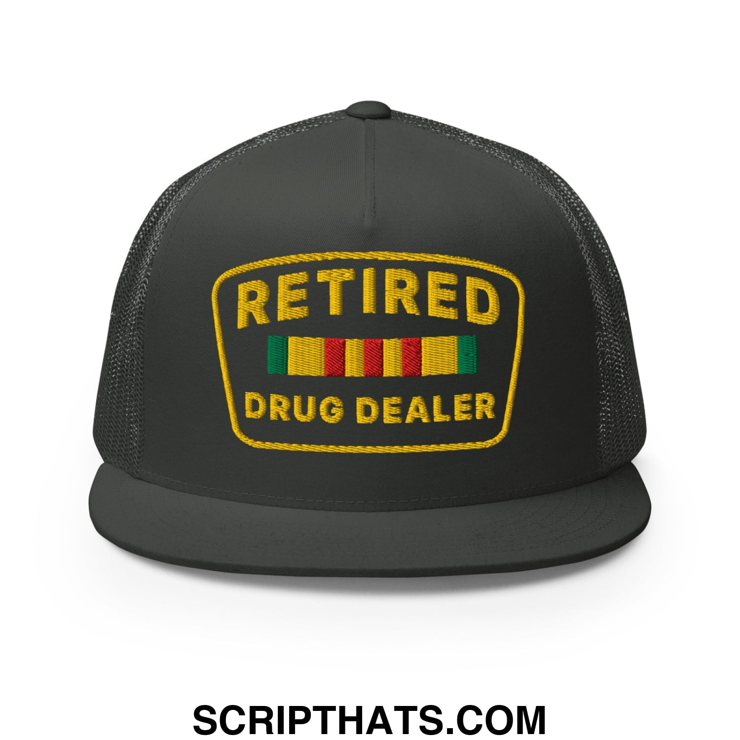 Black mesh trucker hat with flat bill featuring yellow embroidered retired drug dealer patch and colorful ribbons