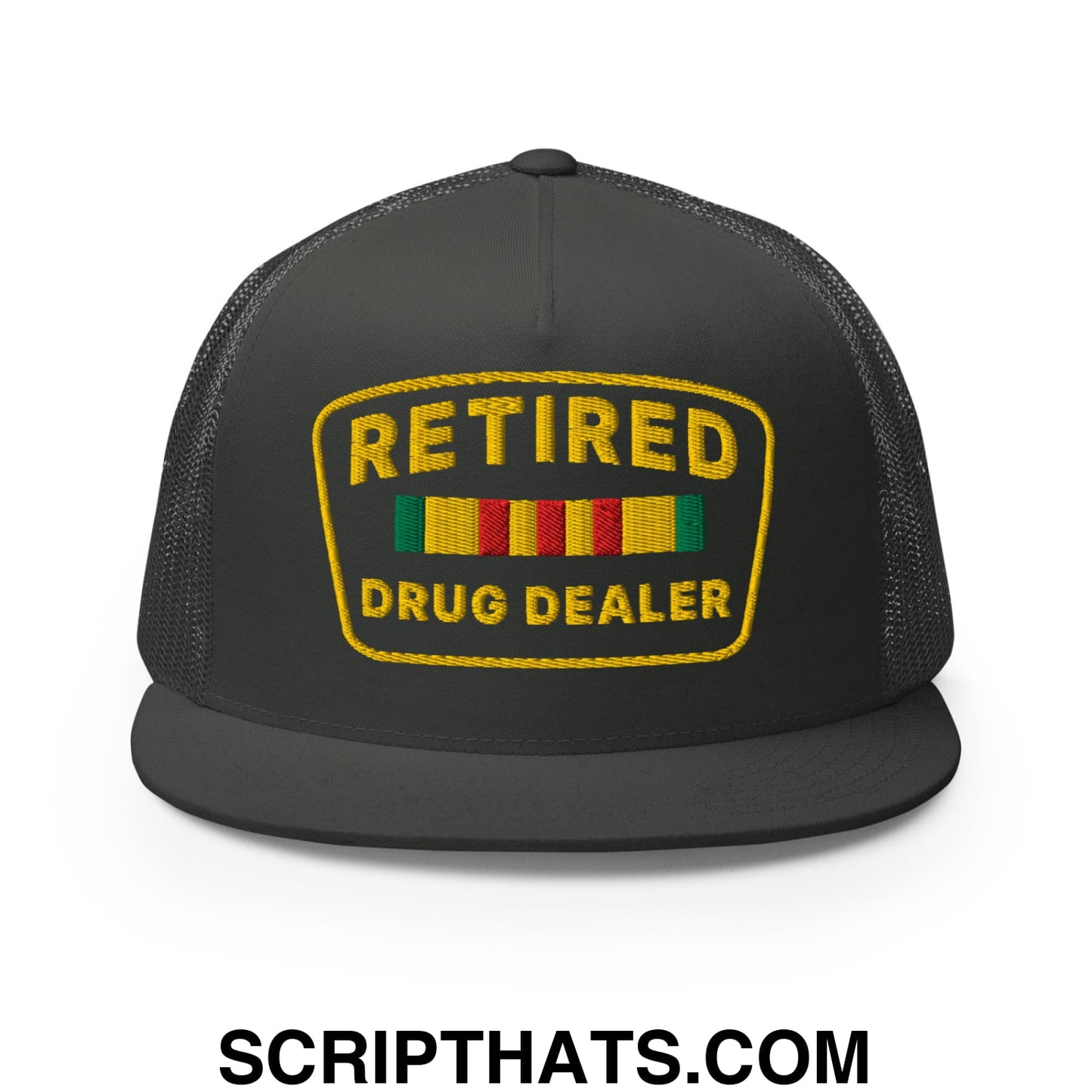 Retired Drug Dealer Embroidered Flat Bill Brim Mesh Trucker Hat Charcoal