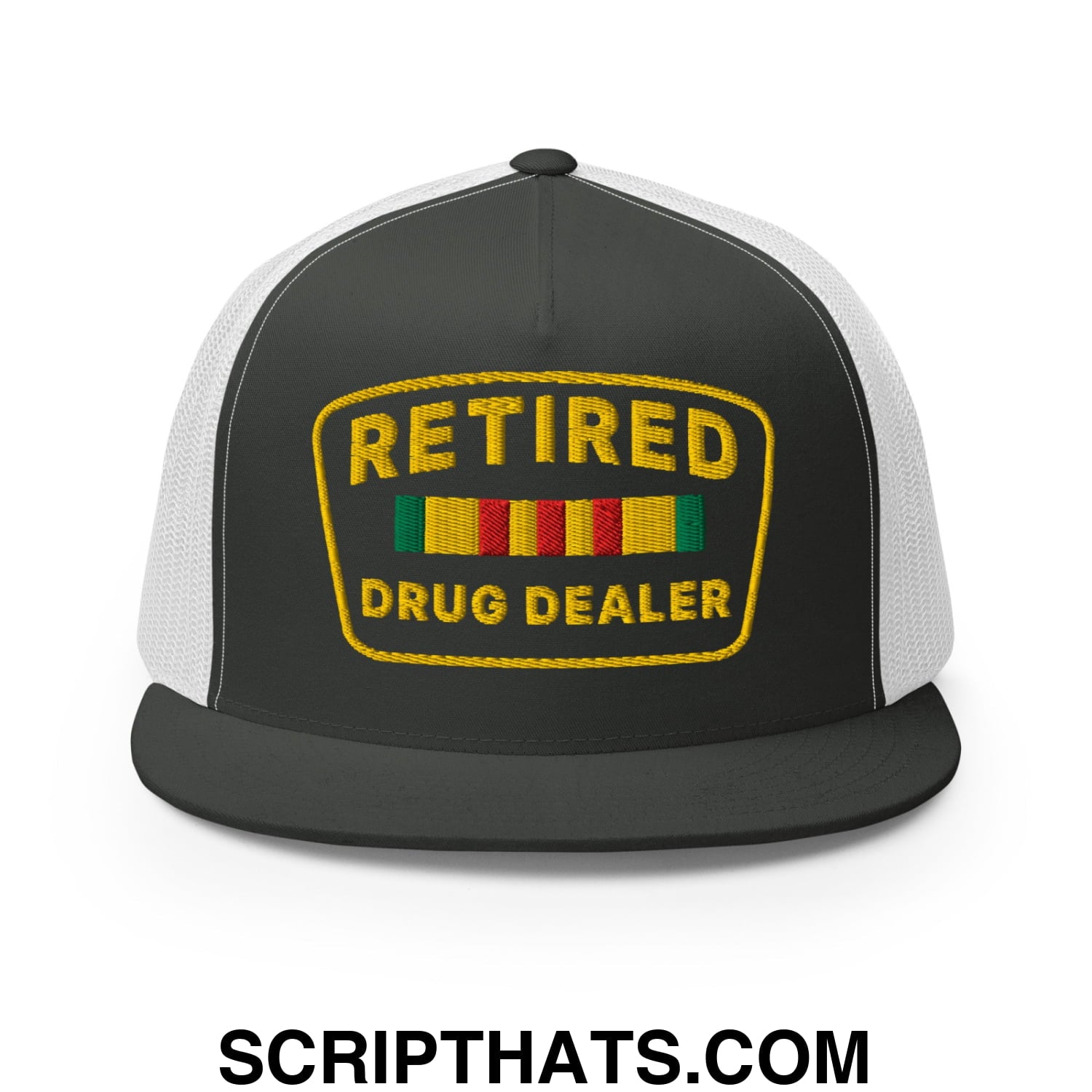 Retired Drug Dealer Embroidered Flat Bill Brim Mesh Trucker Hat Charcoal White