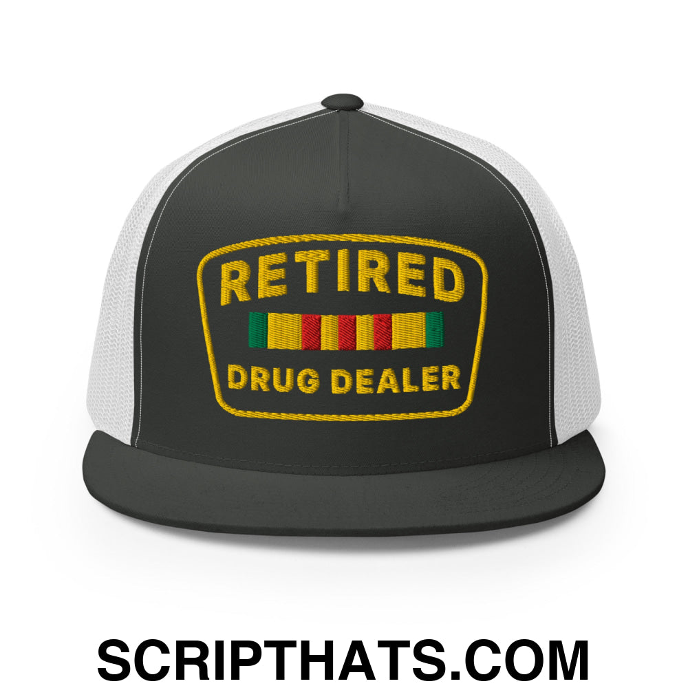 Retired Drug Dealer Embroidered Flat Bill Brim Mesh Trucker Hat Charcoal White