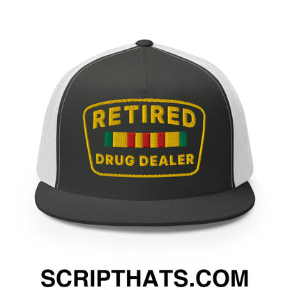 Retired Drug Dealer Embroidered Flat Bill Brim Mesh Trucker Hat Charcoal White