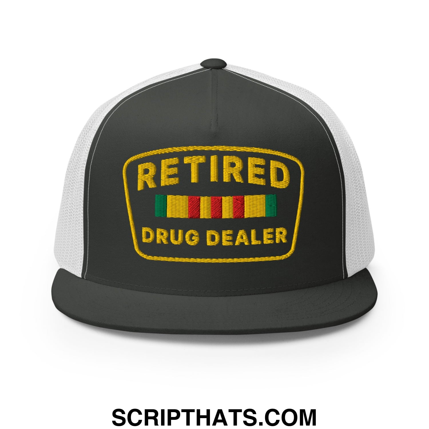 Black and white snapback mesh trucker hat with gold embroidered retired drug dealer patch and colorful stripes