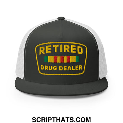 Black and white snapback mesh trucker hat with gold embroidered retired drug dealer patch and colorful stripes