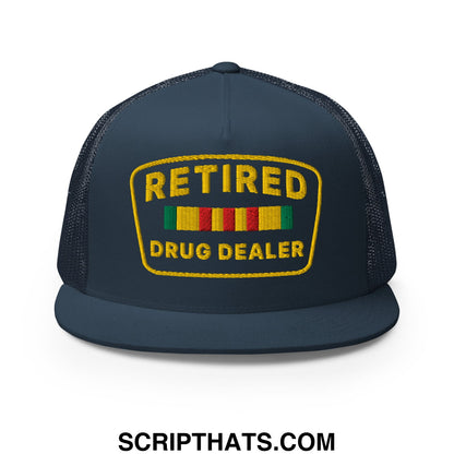 Dark blue mesh trucker hat with yellow embroidered retired drug dealer patch and colorful ribbons flat bill brim
