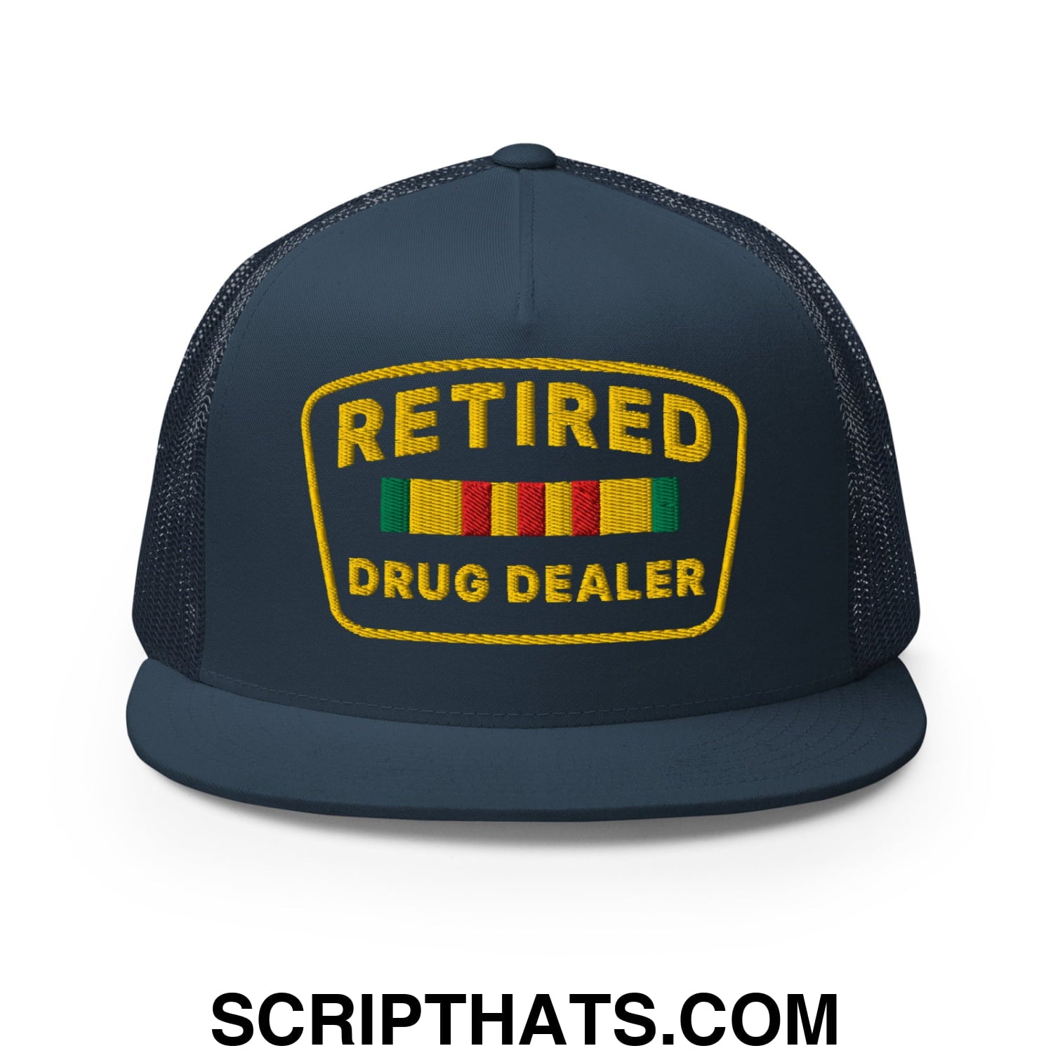 Retired Drug Dealer Embroidered Flat Bill Brim Mesh Trucker Hat Navy