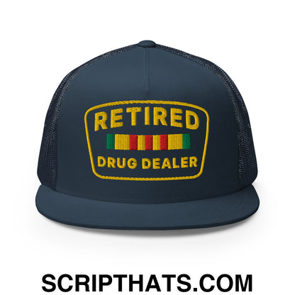 Retired Drug Dealer Embroidered Flat Bill Brim Mesh Trucker Hat Navy