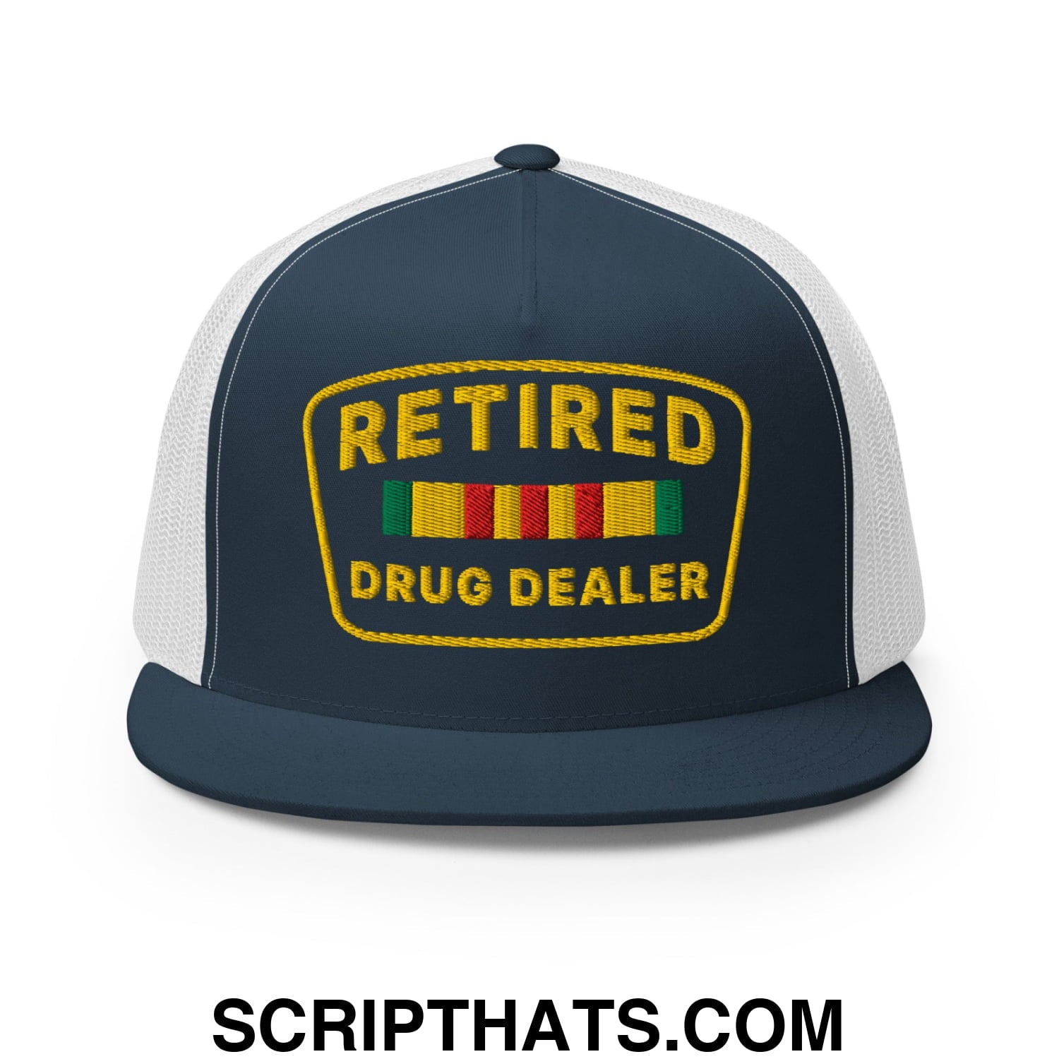 Retired Drug Dealer Embroidered Flat Bill Brim Mesh Trucker Hat Navy White