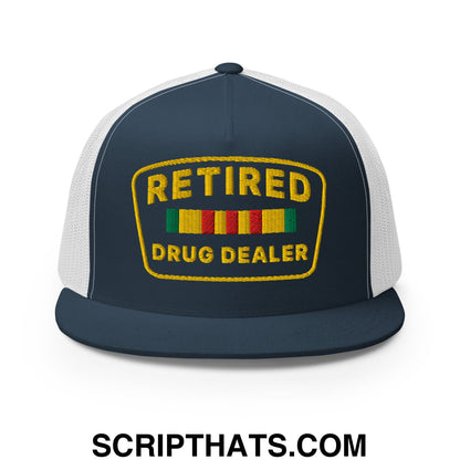 Retired Drug Dealer Embroidered Flat Bill Brim Mesh Trucker Hat Navy White